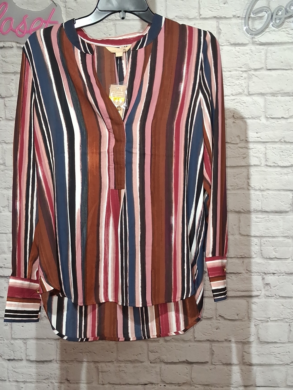 Multicolor Vertical Stripe V-Neck Blouse - Brown / Pink / Blue